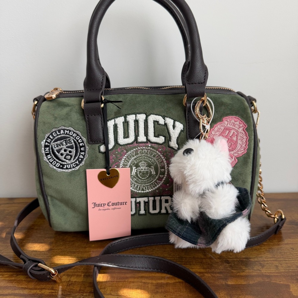 New Juicy Couture Varsity Satchel Green Brown Crossbody Handbag Scottie Y2K Cute